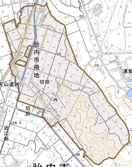 切田とその周辺の地図。町の範囲を重ねている