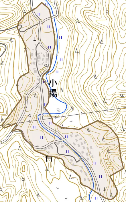 小揚とその周辺の地図。町の範囲を重ねている