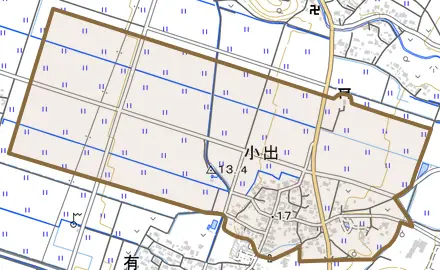 小出とその周辺の地図。町の範囲を重ねている
