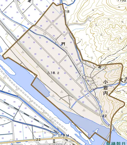 小岩内とその周辺の地図。町の範囲を重ねている