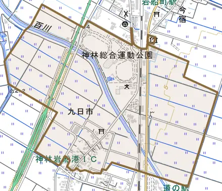 九日市とその周辺の地図。町の範囲を重ねている