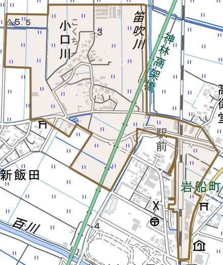 小口川とその周辺の地図。町の範囲を重ねている