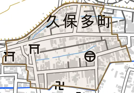 久保多町とその周辺の地図。町の範囲を重ねている