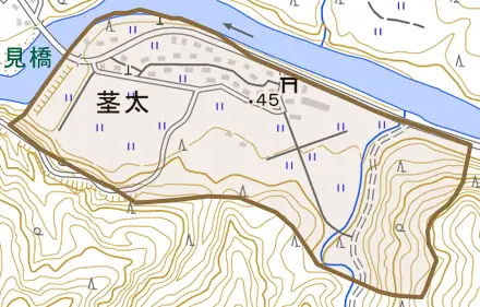 茎太とその周辺の地図。町の範囲を重ねている