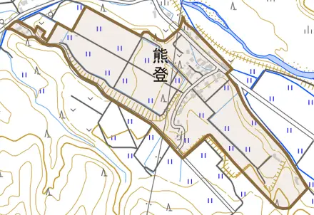 熊登とその周辺の地図。町の範囲を重ねている