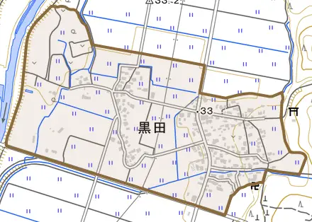 黒田とその周辺の地図。町の範囲を重ねている
