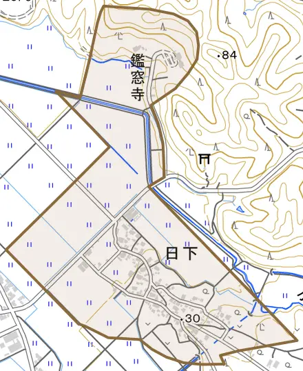 日下とその周辺の地図。町の範囲を重ねている