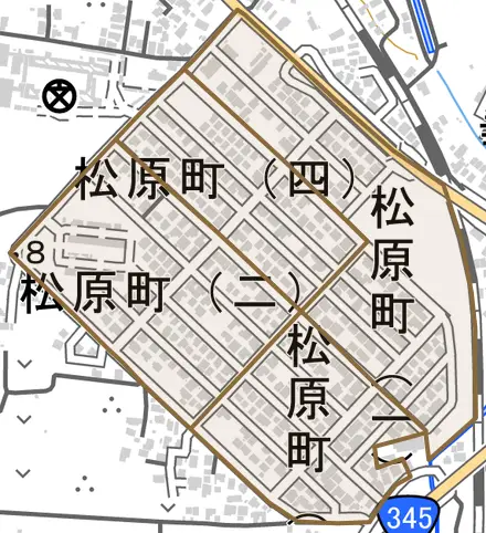 松原町とその周辺の地図。町の範囲を重ねている