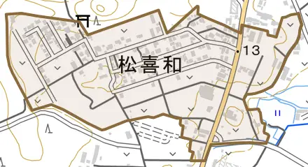 松喜和とその周辺の地図。町の範囲を重ねている