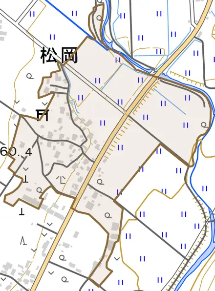 松岡とその周辺の地図。町の範囲を重ねている