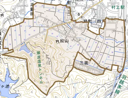 松山とその周辺の地図。町の範囲を重ねている