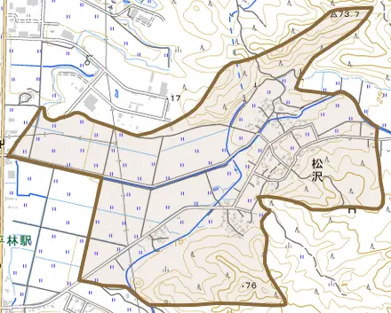松沢とその周辺の地図。町の範囲を重ねている