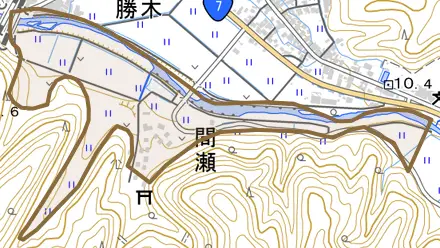 間瀬とその周辺の地図。町の範囲を重ねている