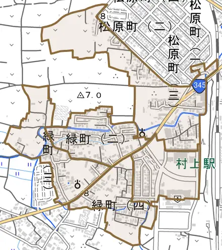 緑町とその周辺の地図。町の範囲を重ねている