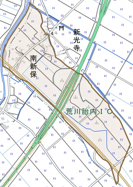 南新保とその周辺の地図。町の範囲を重ねている