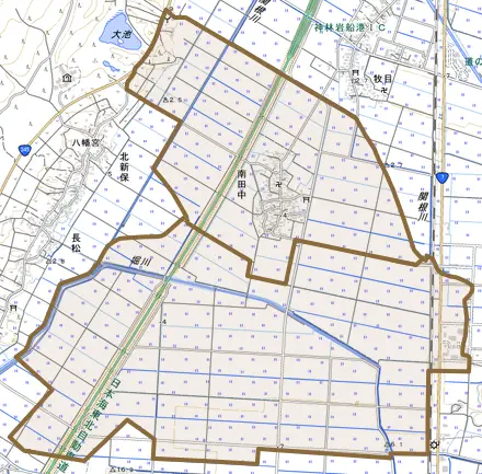 南田中とその周辺の地図。町の範囲を重ねている