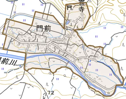 門前とその周辺の地図。町の範囲を重ねている