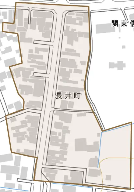 長井町とその周辺の地図。町の範囲を重ねている