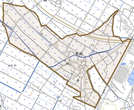 長政とその周辺の地図。町の範囲を重ねている