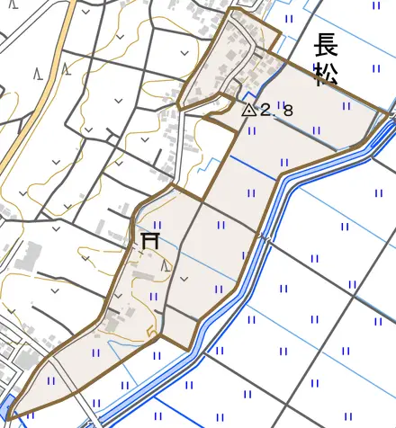 長松とその周辺の地図。町の範囲を重ねている