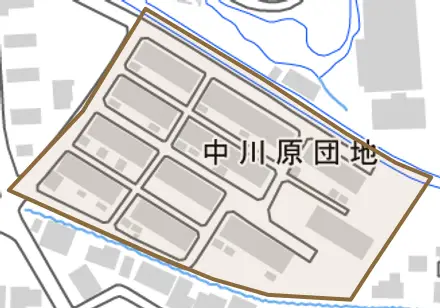 中川原団地とその周辺の地図。町の範囲を重ねている