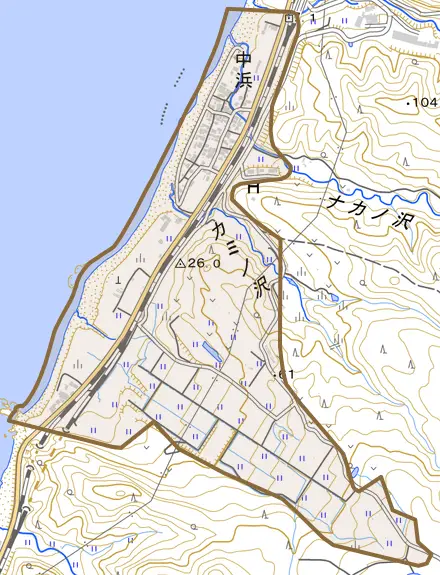 中浜とその周辺の地図。町の範囲を重ねている