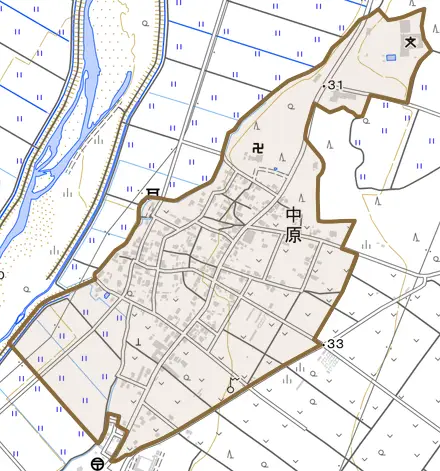 中原とその周辺の地図。町の範囲を重ねている