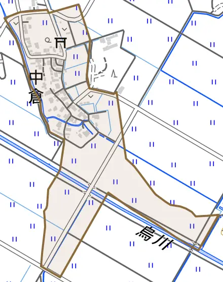中倉とその周辺の地図。町の範囲を重ねている