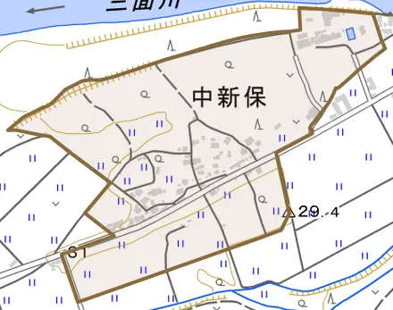 中新保とその周辺の地図。町の範囲を重ねている