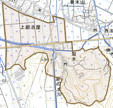 梨木とその周辺の地図。町の範囲を重ねている