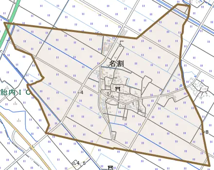 名割とその周辺の地図。町の範囲を重ねている