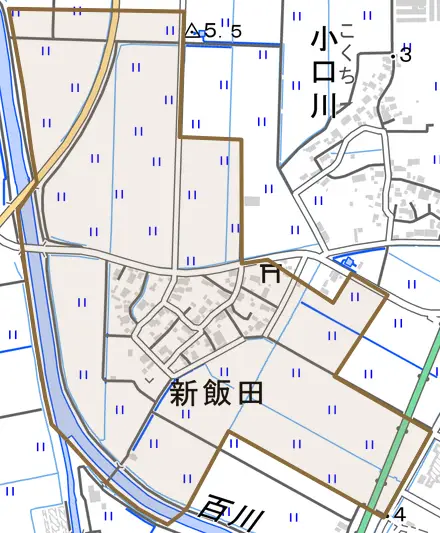 新飯田とその周辺の地図。町の範囲を重ねている
