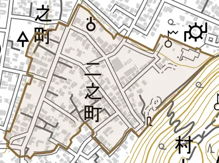 二之町とその周辺の地図。町の範囲を重ねている
