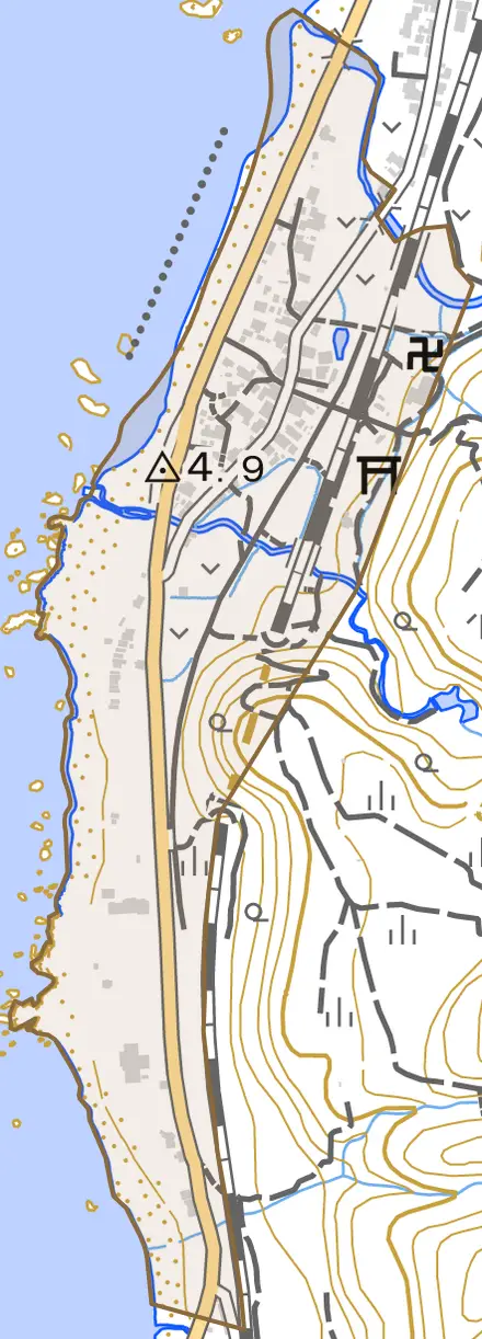 野潟とその周辺の地図。町の範囲を重ねている