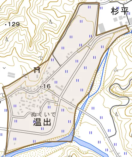 温出とその周辺の地図。町の範囲を重ねている