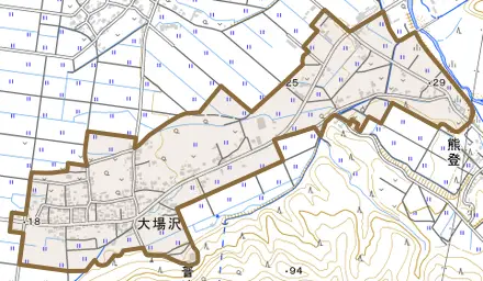 大場沢とその周辺の地図。町の範囲を重ねている