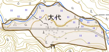 大代とその周辺の地図。町の範囲を重ねている
