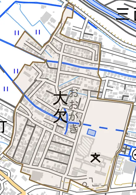 大欠とその周辺の地図。町の範囲を重ねている