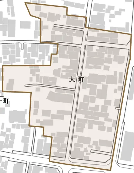大町とその周辺の地図。町の範囲を重ねている