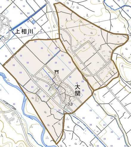 大関とその周辺の地図。町の範囲を重ねている