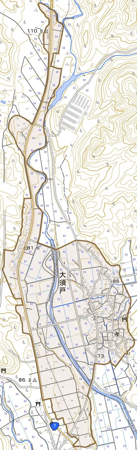 大須戸とその周辺の地図。町の範囲を重ねている