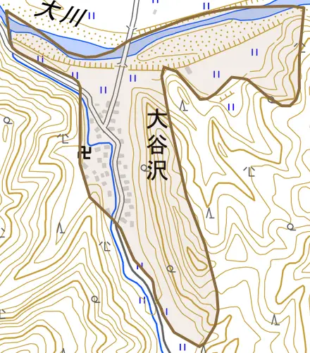 大谷沢とその周辺の地図。町の範囲を重ねている