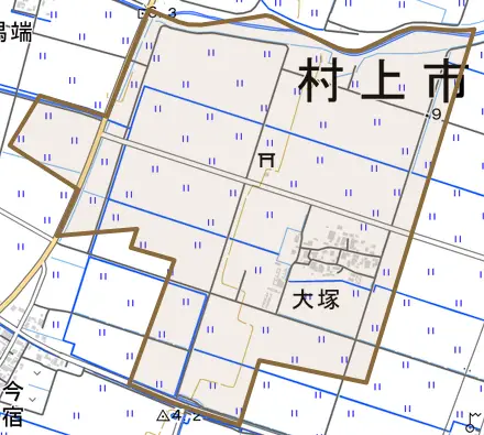 大塚とその周辺の地図。町の範囲を重ねている