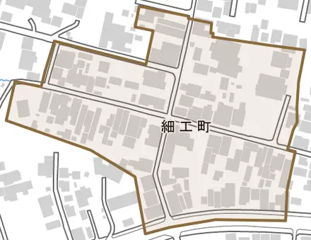 細工町とその周辺の地図。町の範囲を重ねている