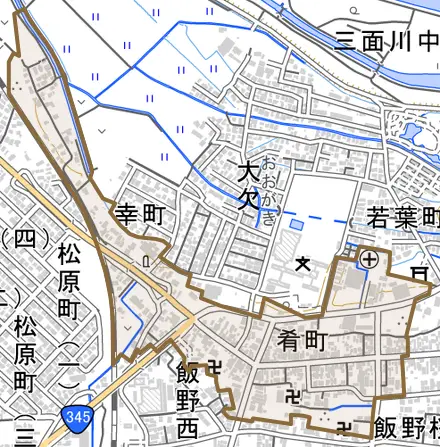 肴町とその周辺の地図。町の範囲を重ねている