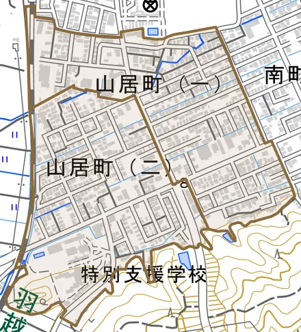 山居町とその周辺の地図。町の範囲を重ねている