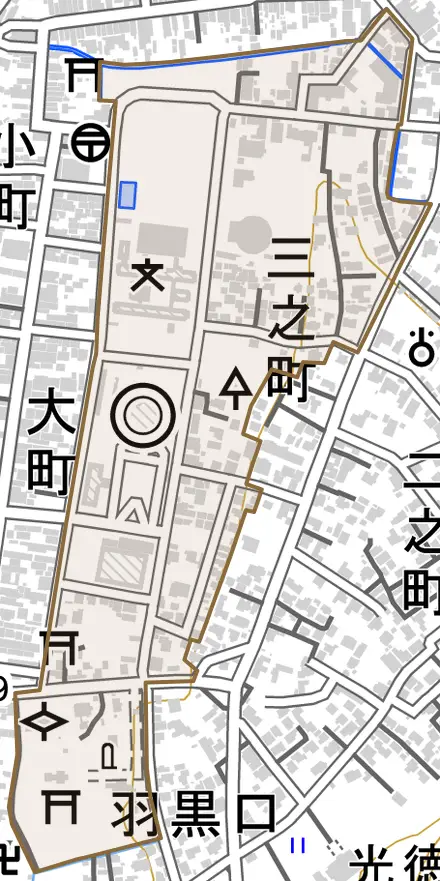 三之町とその周辺の地図。町の範囲を重ねている