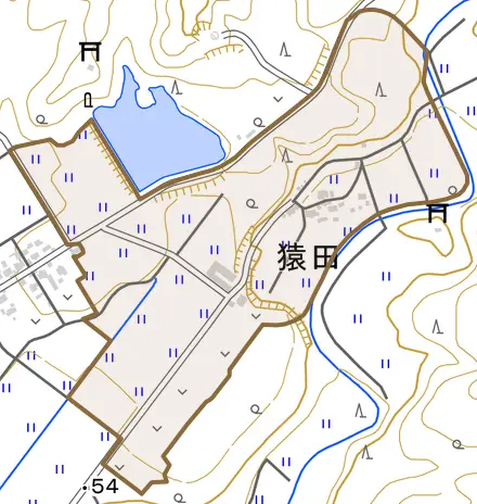 猿田とその周辺の地図。町の範囲を重ねている
