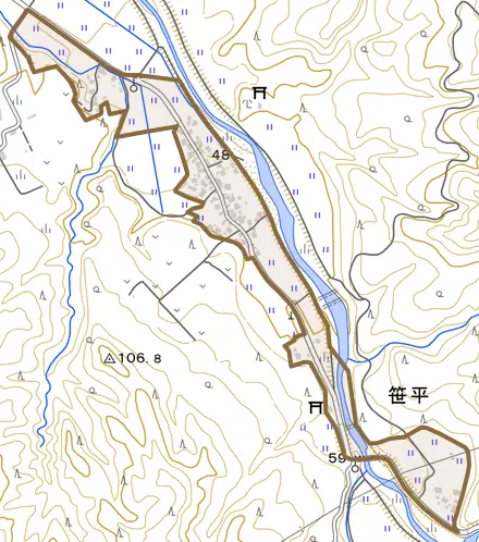 笹平とその周辺の地図。町の範囲を重ねている