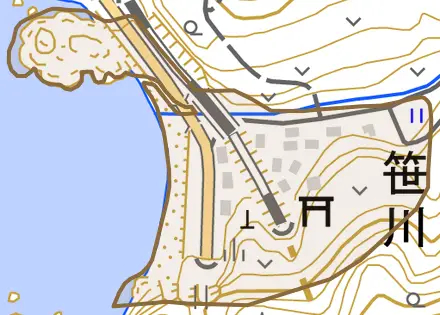笹川とその周辺の地図。町の範囲を重ねている